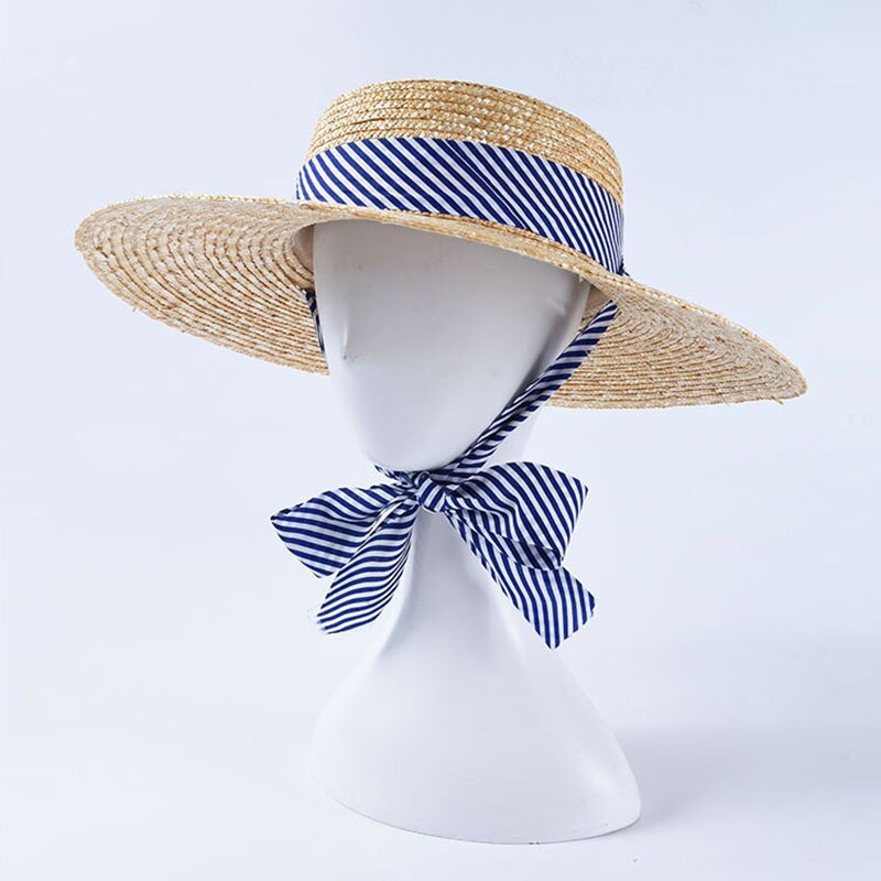 ¡Novedad de ! Sombreros de paja de trigo de ala ancha para mujer, sombrero de sol de playa de verano con cinta a rayas azul marino, sombrero de Boater con lazo, gorro Derby de vacación: Default Title