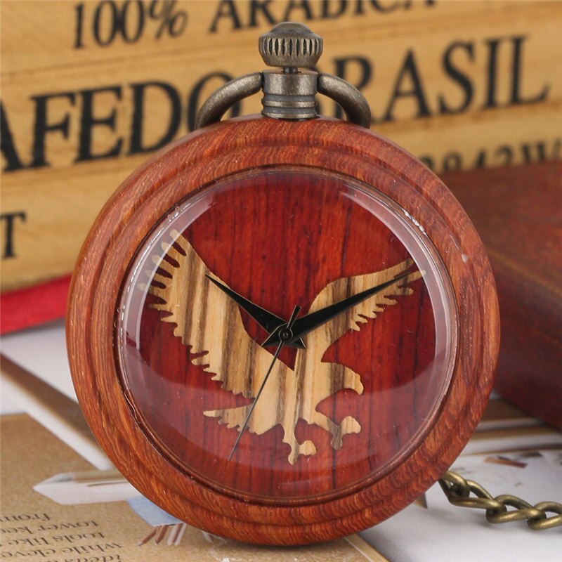 Quartz Wooden Pocket Watch Men Keychain Luminous Chain Wood Men Pendant Watch Clock Dial Warcraft: Red sandalwood eagle