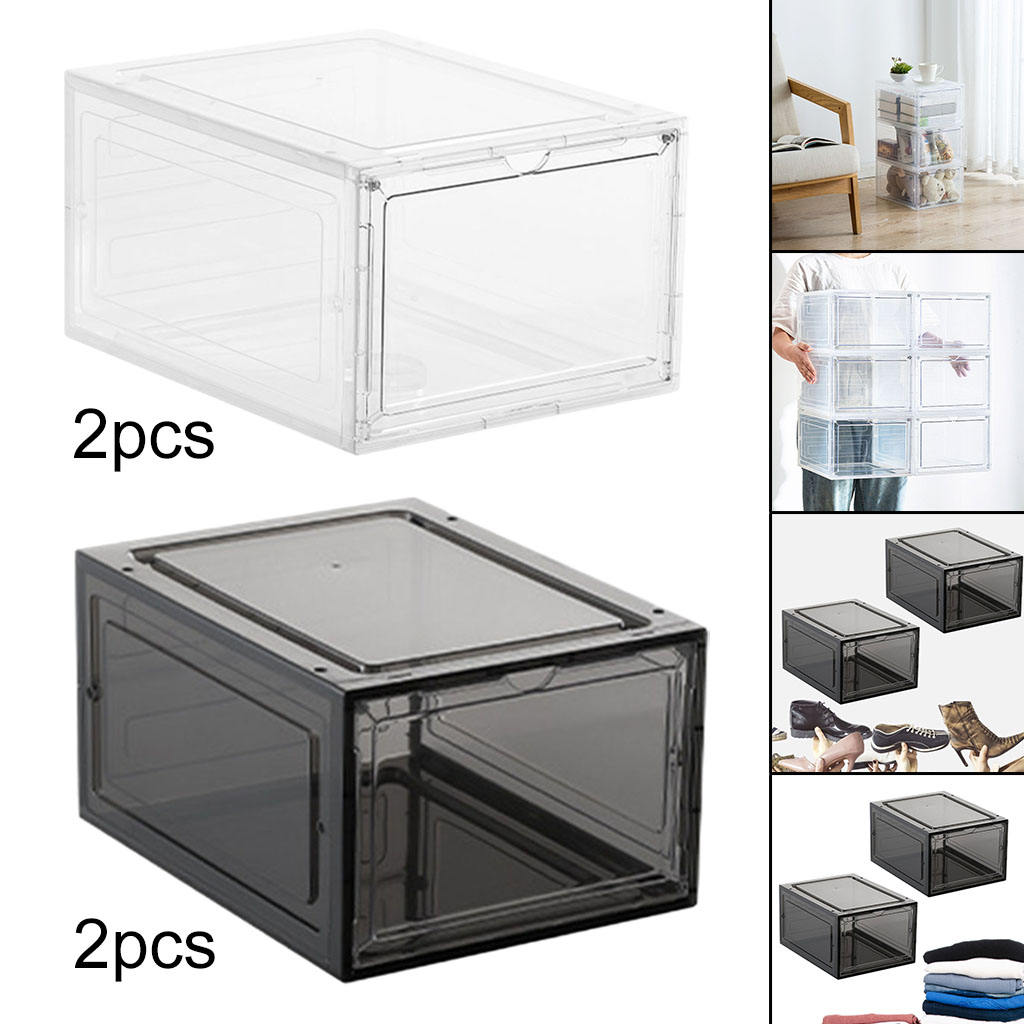 2pcs Shoe Box Shoe Storage Stackable Organizer Magnetic Closure Sneaker High-top Shoes Clear Panel for Closet Dorm Case