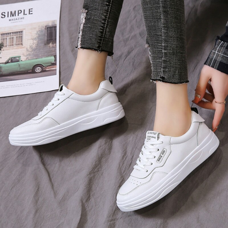 Vrouwen Sneakers Lederen Witte Platte Lage Hak – Grandado