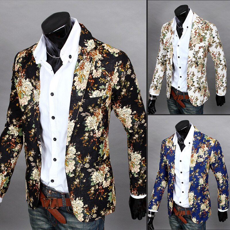 Male Retro Vintage Casual Blazer Beauty Print Mens Suit Jacket Singer Costume nightclub dance Coat: Black / XXXL