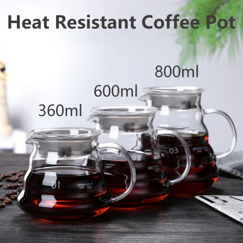 360/600/800ml Heat Resistant Coffee Pot Clear Glass Kettle Sharing Pot with Lids, Pour Over Coffee Espresso Maker Accessories