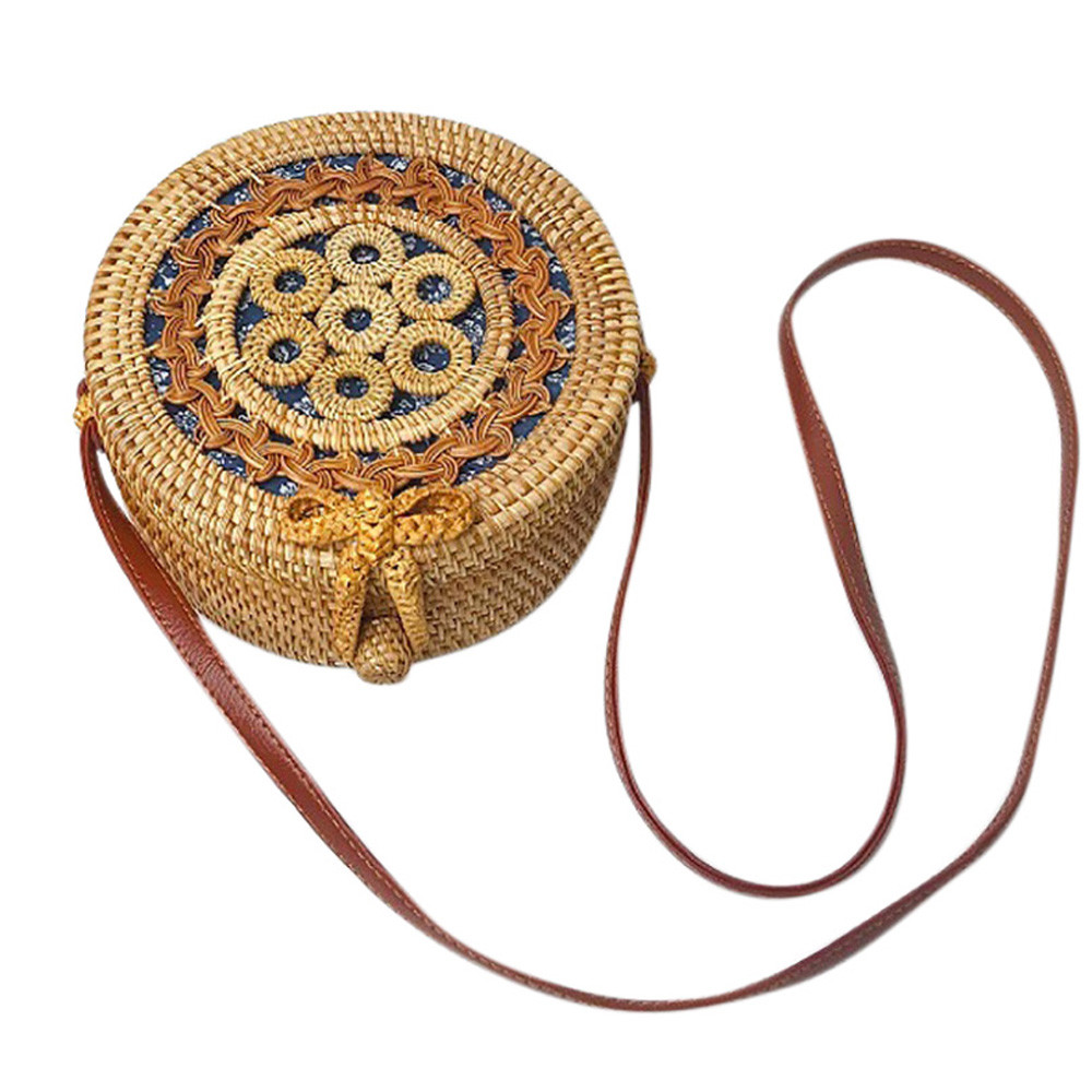 Vintage Handmade Women Rattan Bag Straw Woven Shoulder Bags Women Summer Rattan Bag Handmade Woven Beach Circle Woving Bag