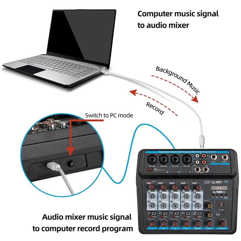 M-6 Portable Mini Mixer o DJ Console with Sound Card, USB, 48V Phantom Power for PC Recording Singing Webcast Party(US Plug)