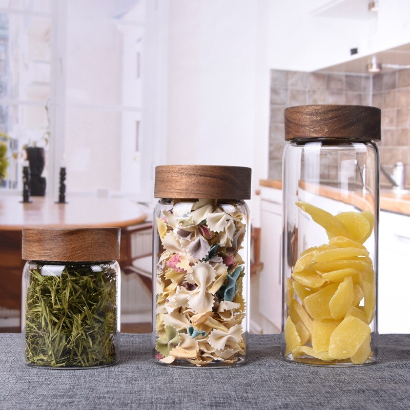 Botella de vidrio con tapa de madera con tornillo, recipiente pequeño para almacenamiento de alimentos, cereales, cocina, organizador de contenedores