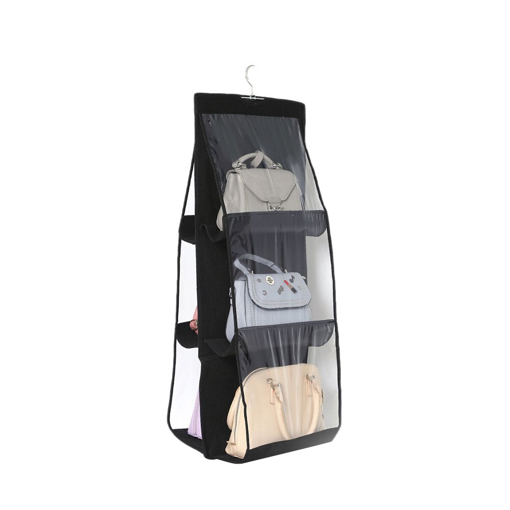 Sac à main 6/8 poches, étagère, sacs suspendus, organisateur de rangement, anti-poussière, support étanche, placards de garde-robe: Black / 6 cells