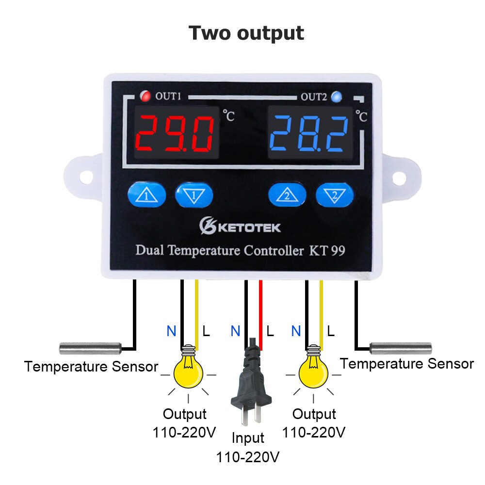 Digital Thermostat Regulator KT99 AC 220V 12V 24V 10A Direct Output Microcomputer Temperature Controller Switch NTC/K Sensor: 110-220V two output