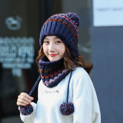 BINGYUANHAOXUAN-gorro de punto para mujer, gorros con bufanda, gorros, gorros de invierno cálido holgado para niña, gorros de lana para niña: navy