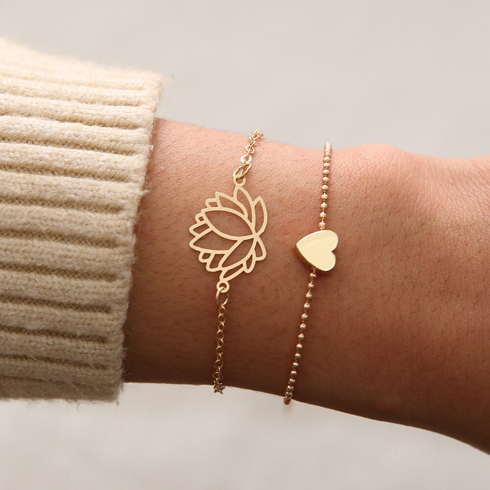5 teile/satz Böhmen Hülse Mond Charme Armbinde einstellen Für Frauen Herz Geometrische Schwarz Perlen Kette Armreif Mädchen Schmuck: Gold-farbe
