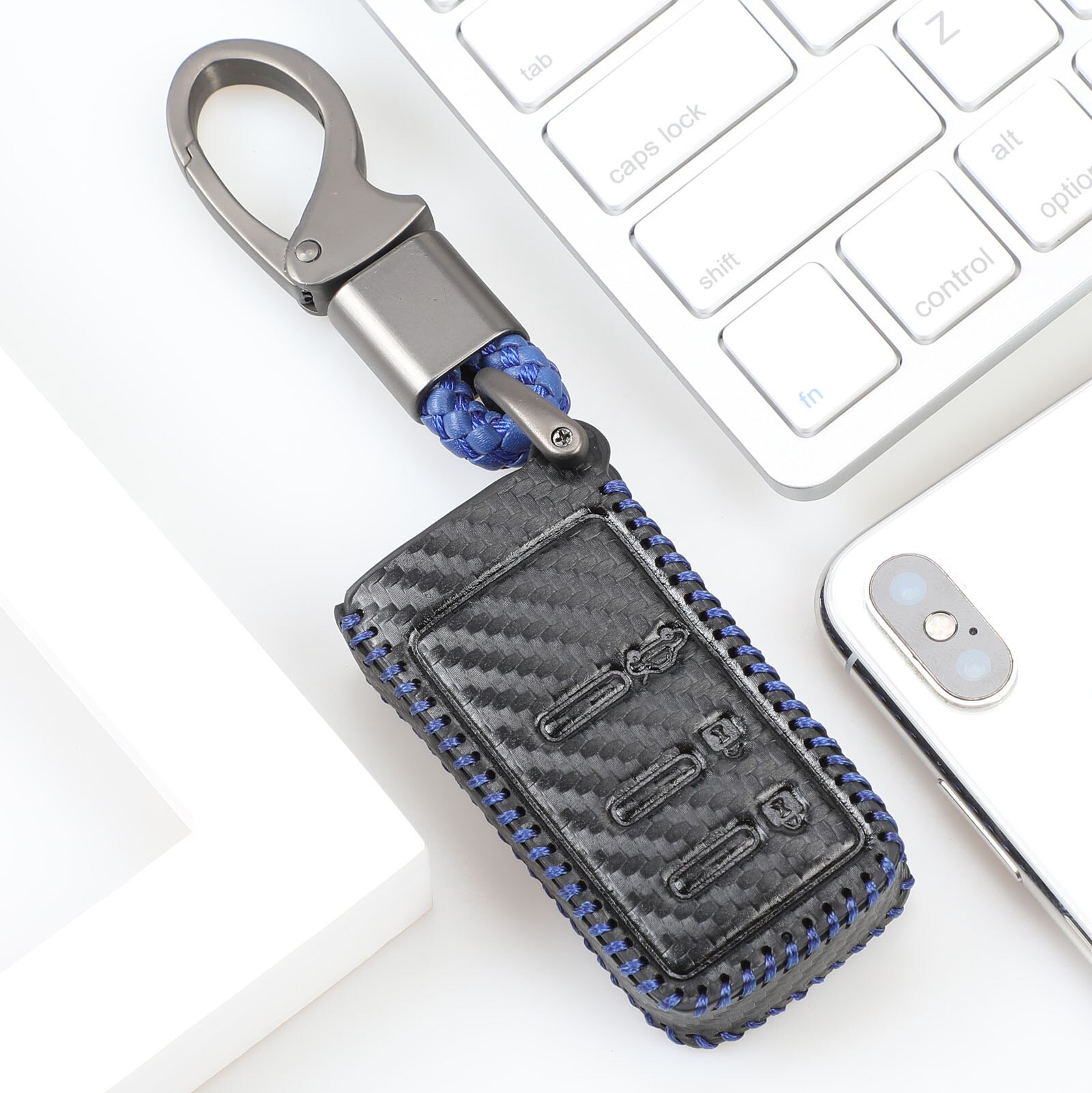 Jingyuqin fiber kolläder nyckelfodral för subaru forester outback legacy  xv 3- knapps smart fob biltillbehör: Blå linje