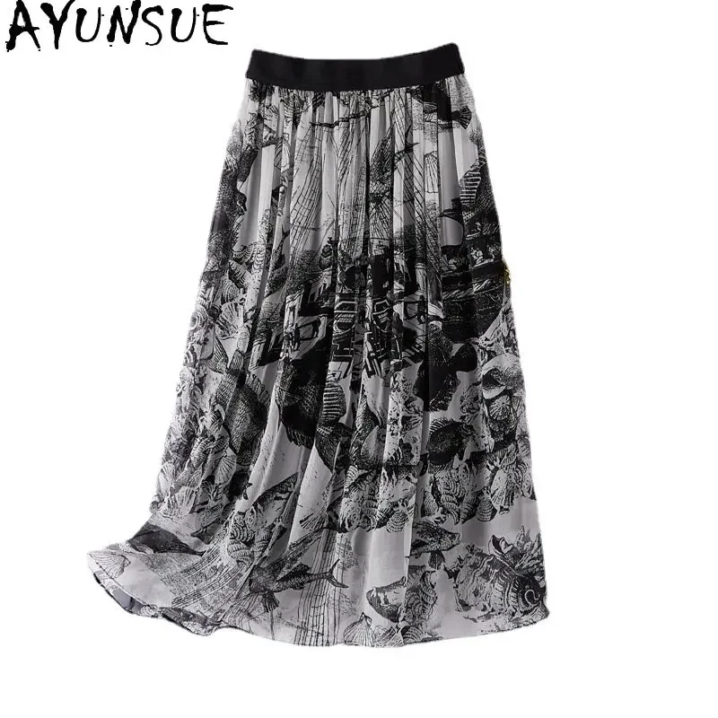 95%  ægte silke nederdele til kvinder med mulberry sommerfarvet blækmaling nederdel a-linje slanke nederdele dametøj dametøj