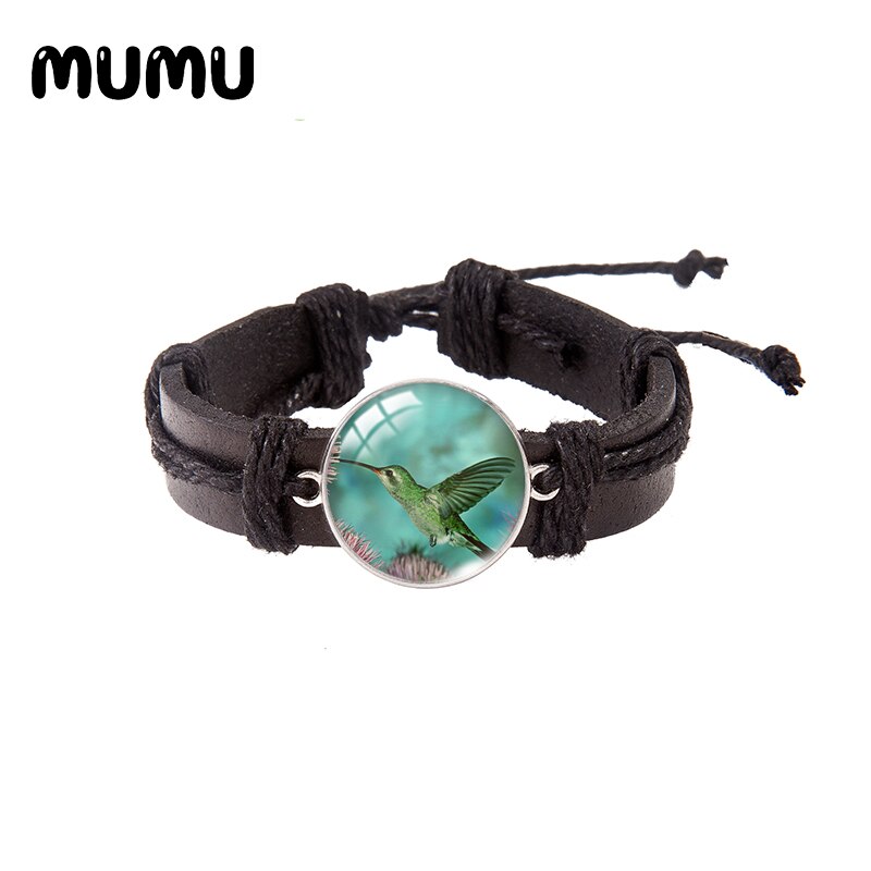 Hummingbird Flower Leather Bracelet Round Glass Dome Bracelets Handmade Jewelry Men Women: 1
