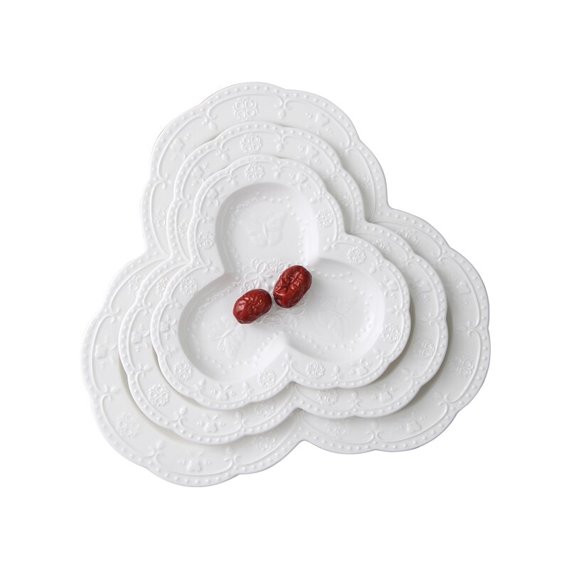 3pcs set, plain white embossed porcelain wedding buffet dishes, butterfly breakfast plate, ceramic dinner plates set: Default Title