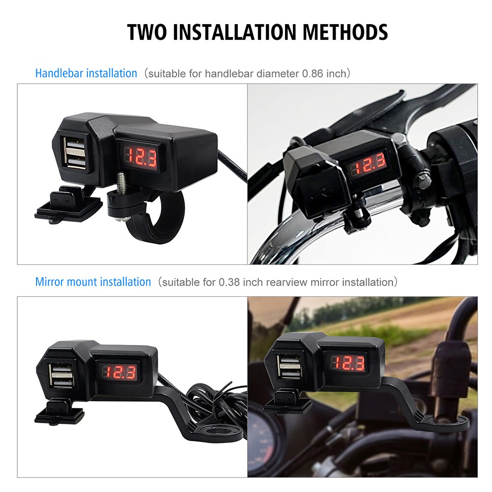 Motorrad Dual USB Ladegerät mit Voltmeter Leicht Installation Persönliche Auto Lenker Spiegel Power Adapter Elemente