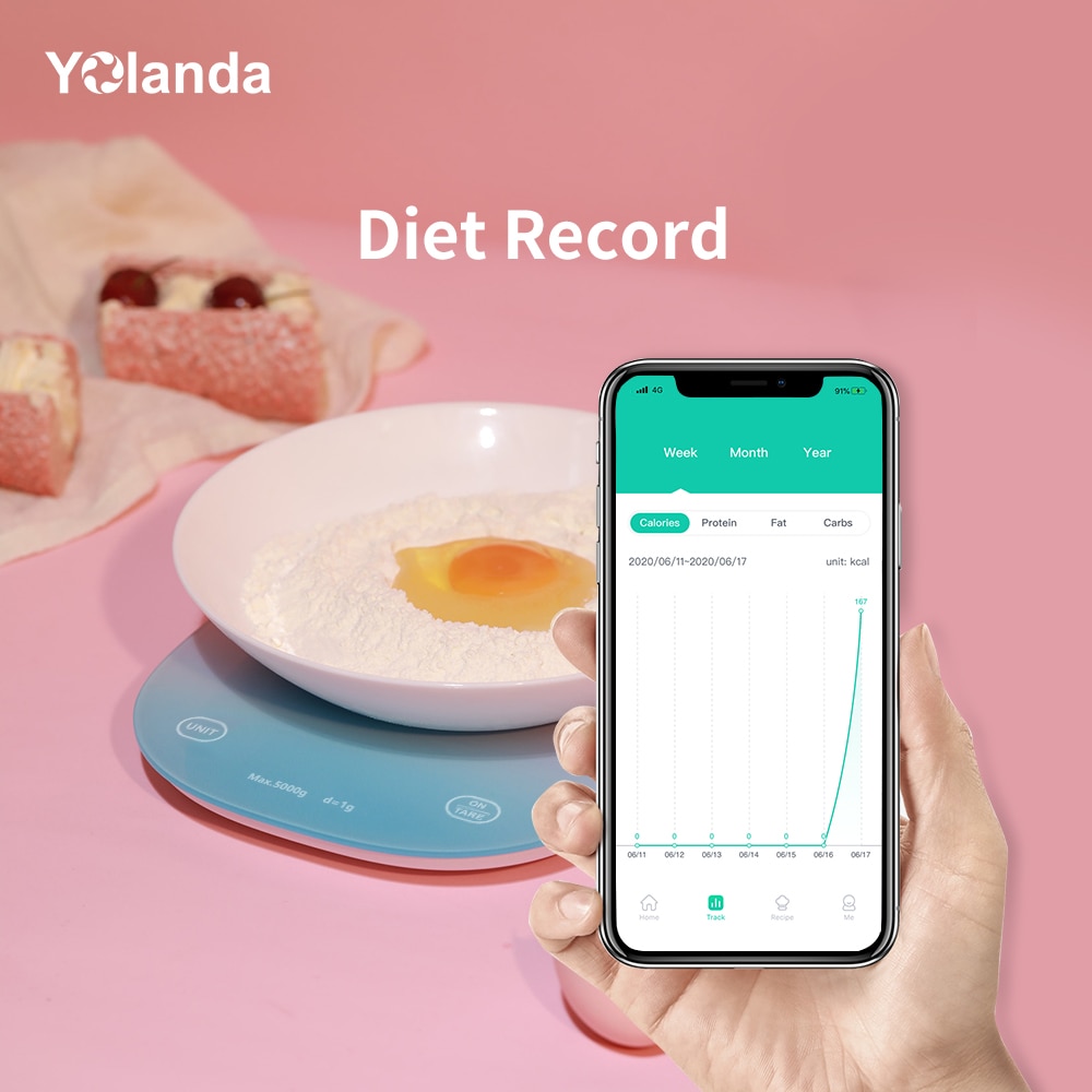 Yolanda-báscula Digital inteligente con Bluetooth para cocina Balanza de alimentos, registro de alimentos, nutrición, diario, pantalla LED, botón táctil