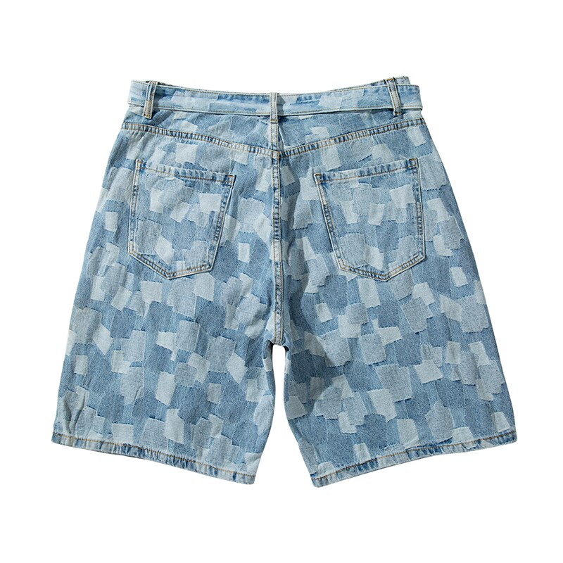 Blå tvättade rutiga jeansshorts hip hip streetwear rutigt jeanskort för män skärp lösa fritidsbyxor herr