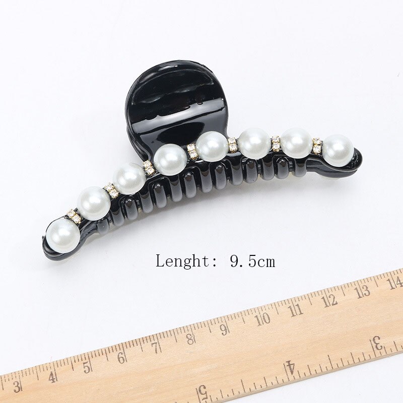 Horquillas grandes de con diamantes de imitación para mujer, pinzas para el pelo de perlas, pinzas para el pelo estilo cangrejo para pasadores para niñas, accesorios de broches para el cabello: Black 8 beads