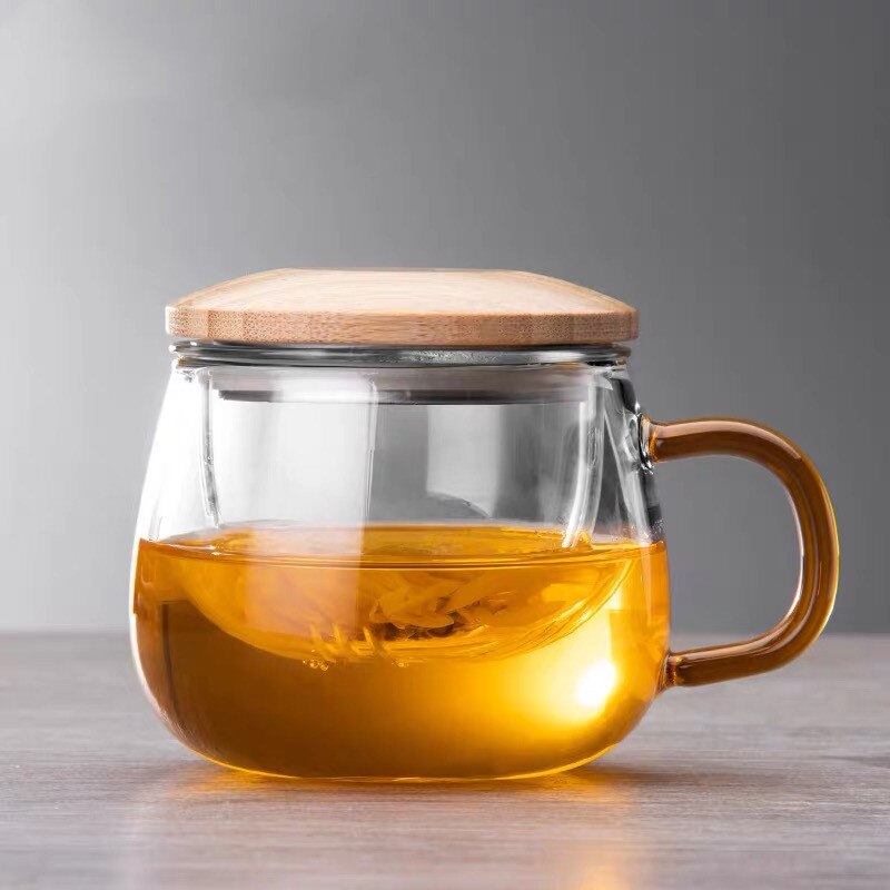 Glass Tea Infuser Cup With Transparent Filter Handle Bamboo Lid Heat-resistant Flower Teacup Office Tea Mug Drinkware: 320mlYellow