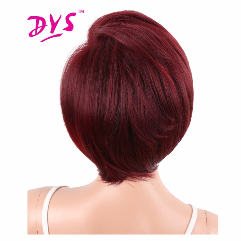 Deyngs vino rojo corto corte Pixie sintético pelucas para mujeres negras con flequillo lateral recta Natural resistente al calor peluca completa