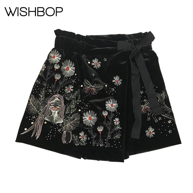 Een/W Zwart Fluwelen Skort Womens Shorts-dame Bloemen Geborduurd Skorts Shorts Gekruiste Boog Bevestiging elastische Taille