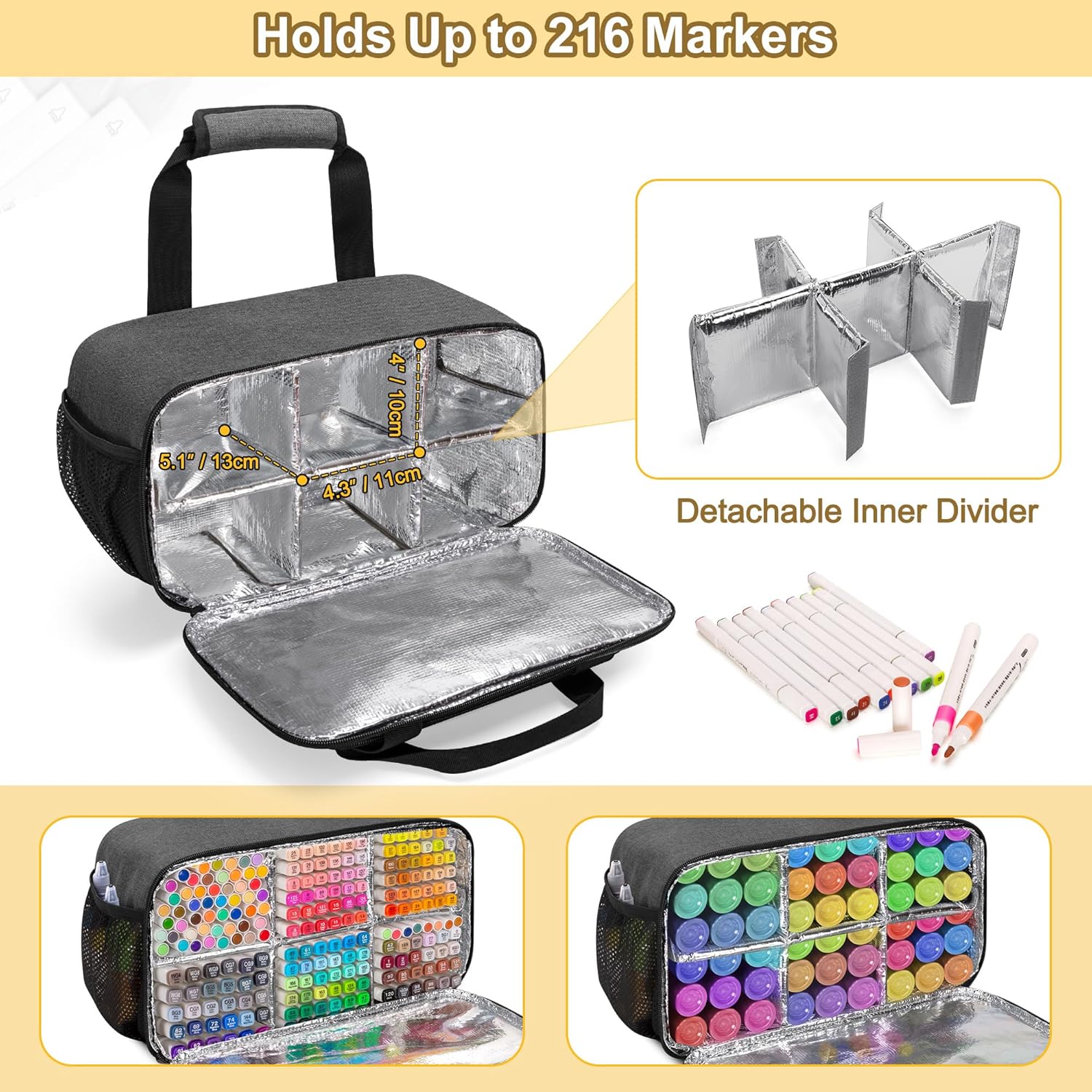 Estuche organizador para marcadores de hasta 216 marcadores, bolsa grande para marcadores con asa de transporte, soporte organizador para marcadores (longitud hasta 5,1")