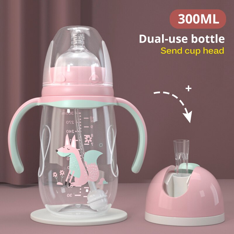 Babyvoeding Fles Kids Water Fles Dual-Gebruik Fles Breed Kaliber Eendenbek Cup Melk Hittebestendig Zuigeling Pp fles: Pink 300ML SET