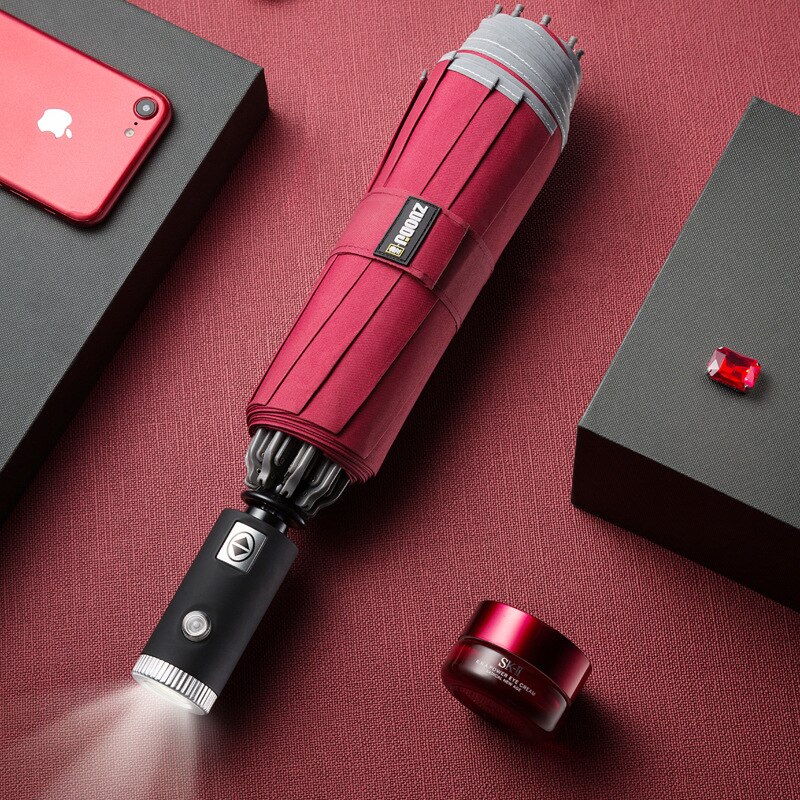 Automatische Vouwen Automatische Open Reverse Paraplu Mannelijke Sunny Regen Sterk Reflecterende Anti-Wind Paraplu Met Led: Red   LED Lighting