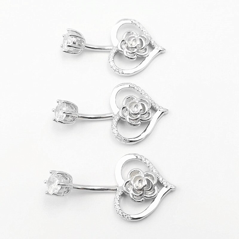 Heart Rose Navel Ring - 925 Sterling Silver - Body Jewelry - Pin Length 6/8/10mm
