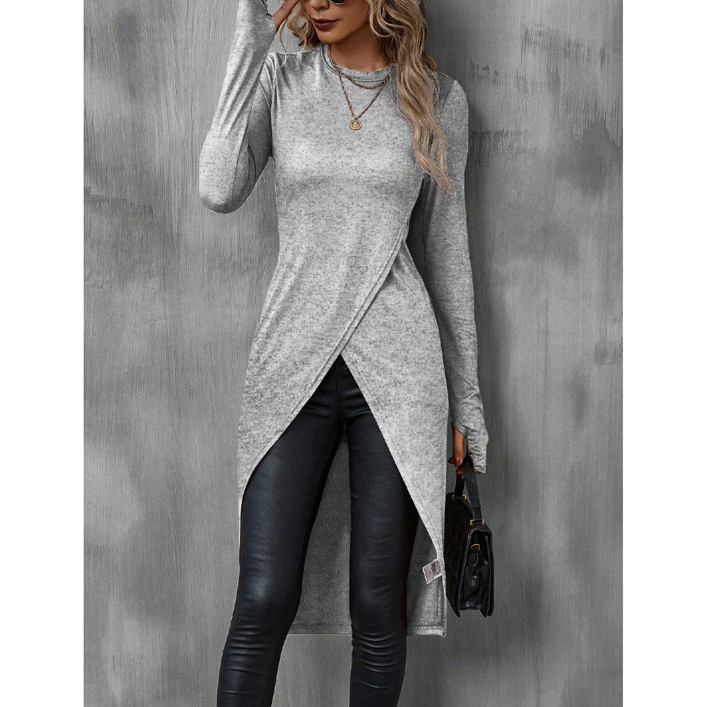 Mia Muse Camisetas de otoño para mujer, camisetas francesas decentes lisas de manga larga con cuello redondo, camisetas largas de calle: XS / Gris