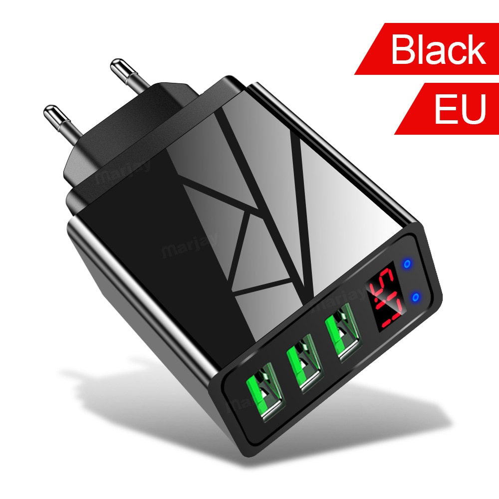 Marjay 3 Poorten Usb Charger Eu Us Plug Led Display 3.1A Snel Opladen Slimme Mobiele Telefoon Oplader Voor Iphone Samsung xiaomi Tablet: Black EU