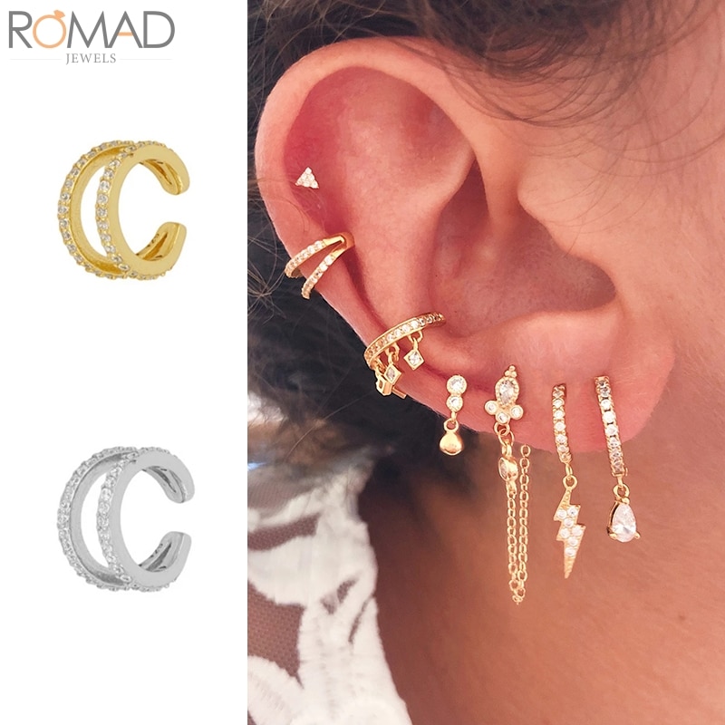 ROMAD 925 Sterling Silver Ear Cuff Earrings For Women Zircon Single Ear Clip Earring Luxury Earcuff Pendientes Earings kolczyki