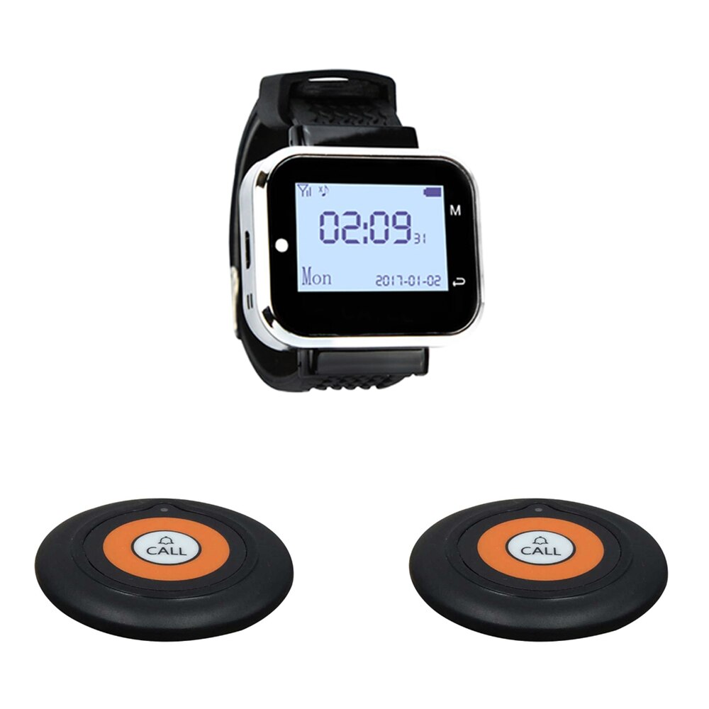 Jingle bells draadloos restaurant gast oproepsysteem 2 oproepknoppen +1 horloge ontvanger voor café, bar oproepbel