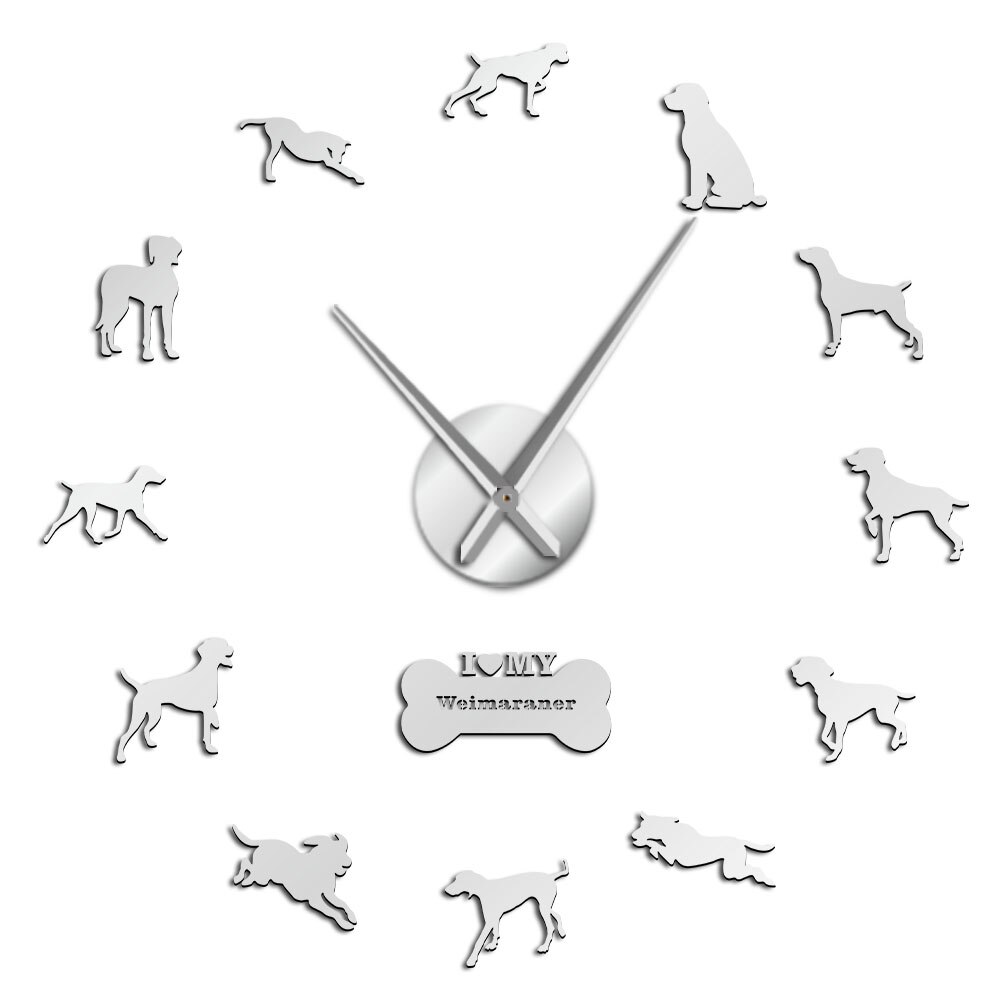 Modern Weimaraner Dog Breed 3D Acrylic DIY Wall Clock Doggie Canine Portrait Self Adhesive Wall Stickers Clock For Dog Lovers: Silver / 47inch