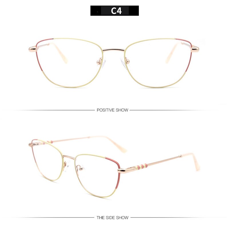 LUCIDIE Female Clear Lens Glasses Frame Women Metal Cat Eye Eyeglasses Oversized Frame Myopia Eyeglasses: C4