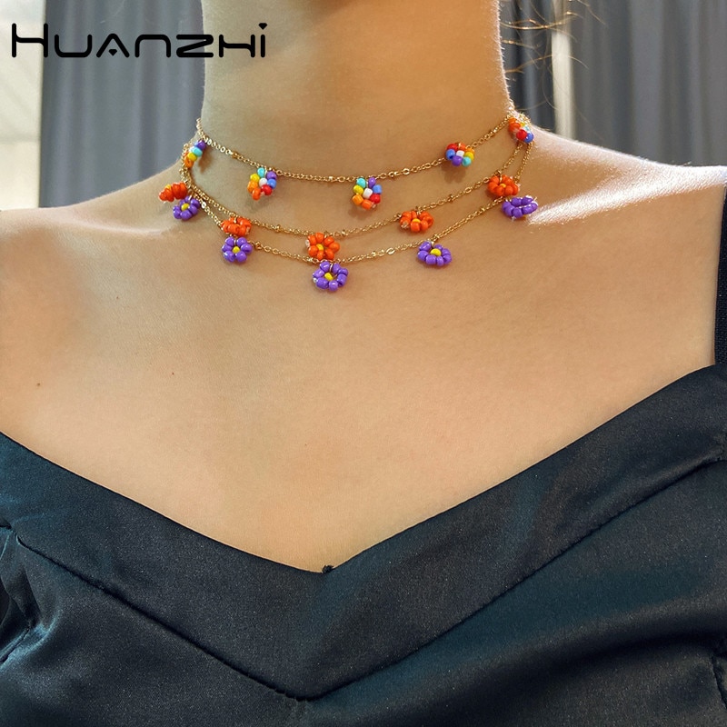 HUANZHI Korean Sweet Rainbow Color Acrylic Flower Beads Pendant Metal Necklace for Women Girls Party Jewelry