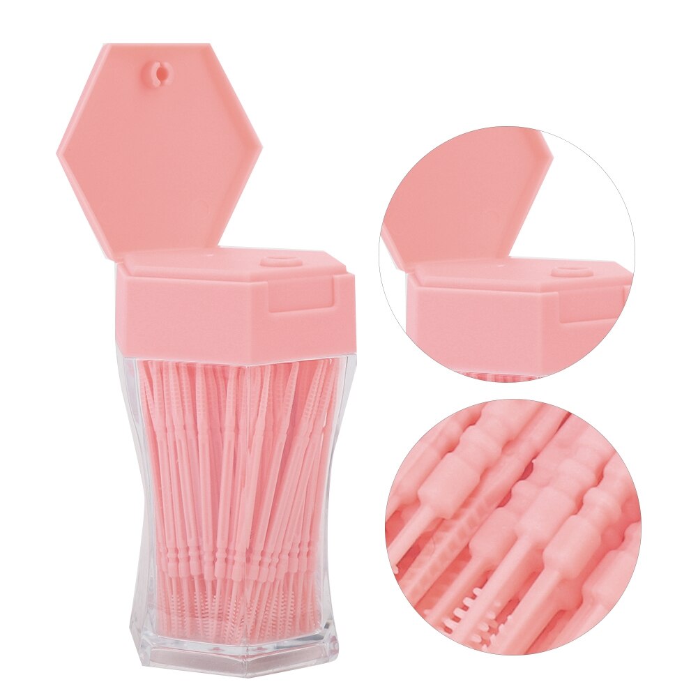 200 Stck Lebensmittel-Klasse Doppel Kopf Zahnstocher Kegel bilden Weichen Bürste Haushalt Reinigung Zahnstein Entfernung Sechseckigen Flaschen Einfache Pack: Rosa