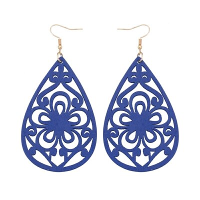 Yuluch Natuurlijke Afrikaanse Logs Druppels Opengewerkte Bloemen Vormen Voor Nationale Mode Persoonlijkheid Vrouwen Sieraden Hanger Oorbellen: blue
