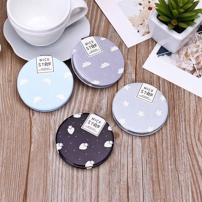 Espejo redondo pequeño de cuero PU, espejo plegable de doble cara para chicas, espejo portátil con estampado de plantas y gatos, Espejos de maquillaje decorativos
