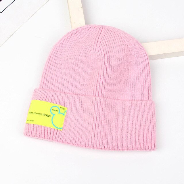 Sombreros de lana coreanos para niños, gorros de punto para bebés, con etiqueta de dibujos animados, a la , simples, para mantener el calor: C2