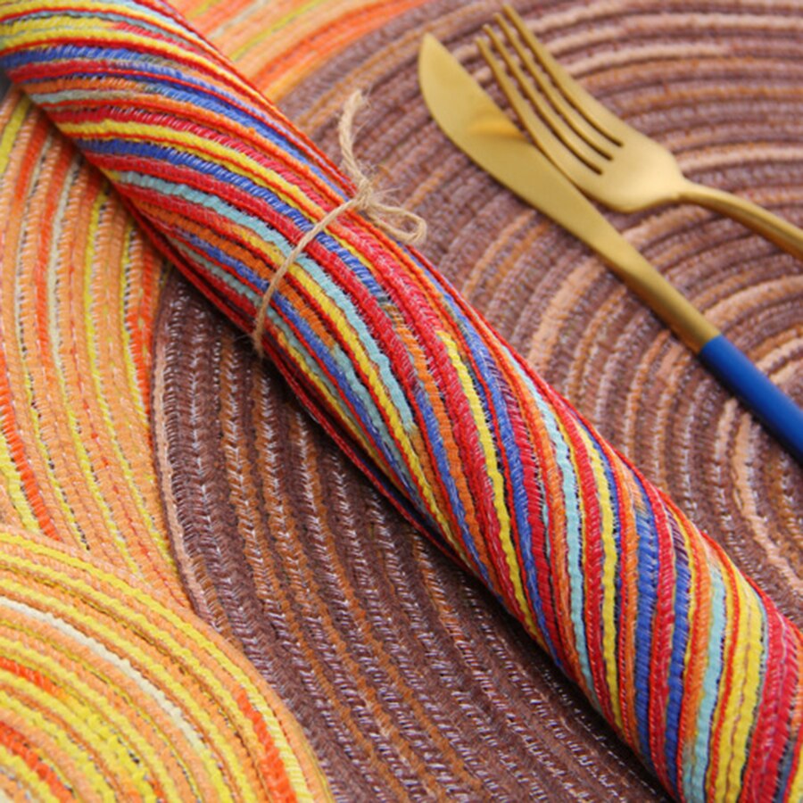 Regenbogen Farbe Tischset Schüssel Satin- Gefärbt Ramie Baumwolle Garn gewebte Tasse Pad Runde Platte matt Individuelle Mantel Esszimmer Untersetzer einstellen