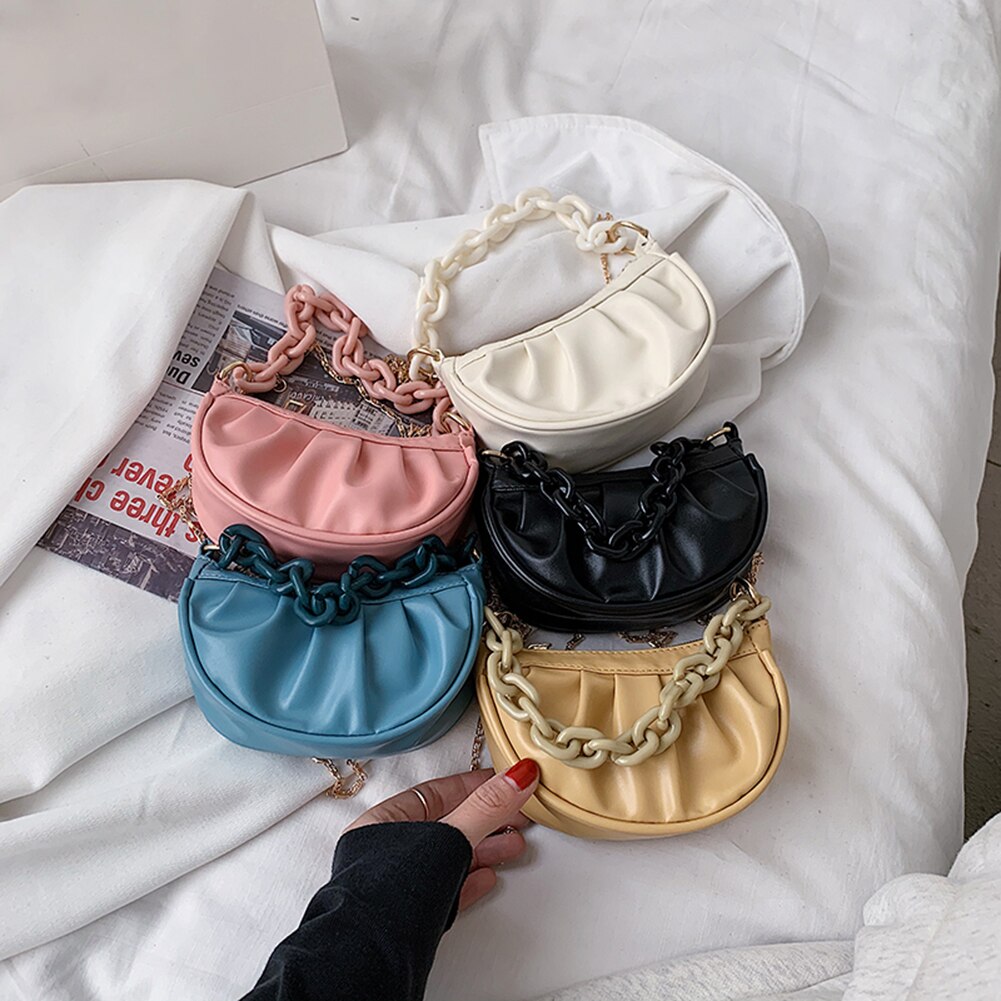 Vintage damen-umhängetasche mit falten, einfarbig, kette, schultertasche aus pu-leder, lässige kleine hobo-handtasche