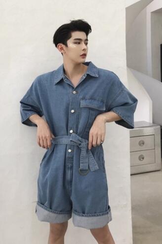 Summer Men clothing loose denim jumpsuit tooling short sleeves wide-legged pants set hairstylis costumes M-XXL