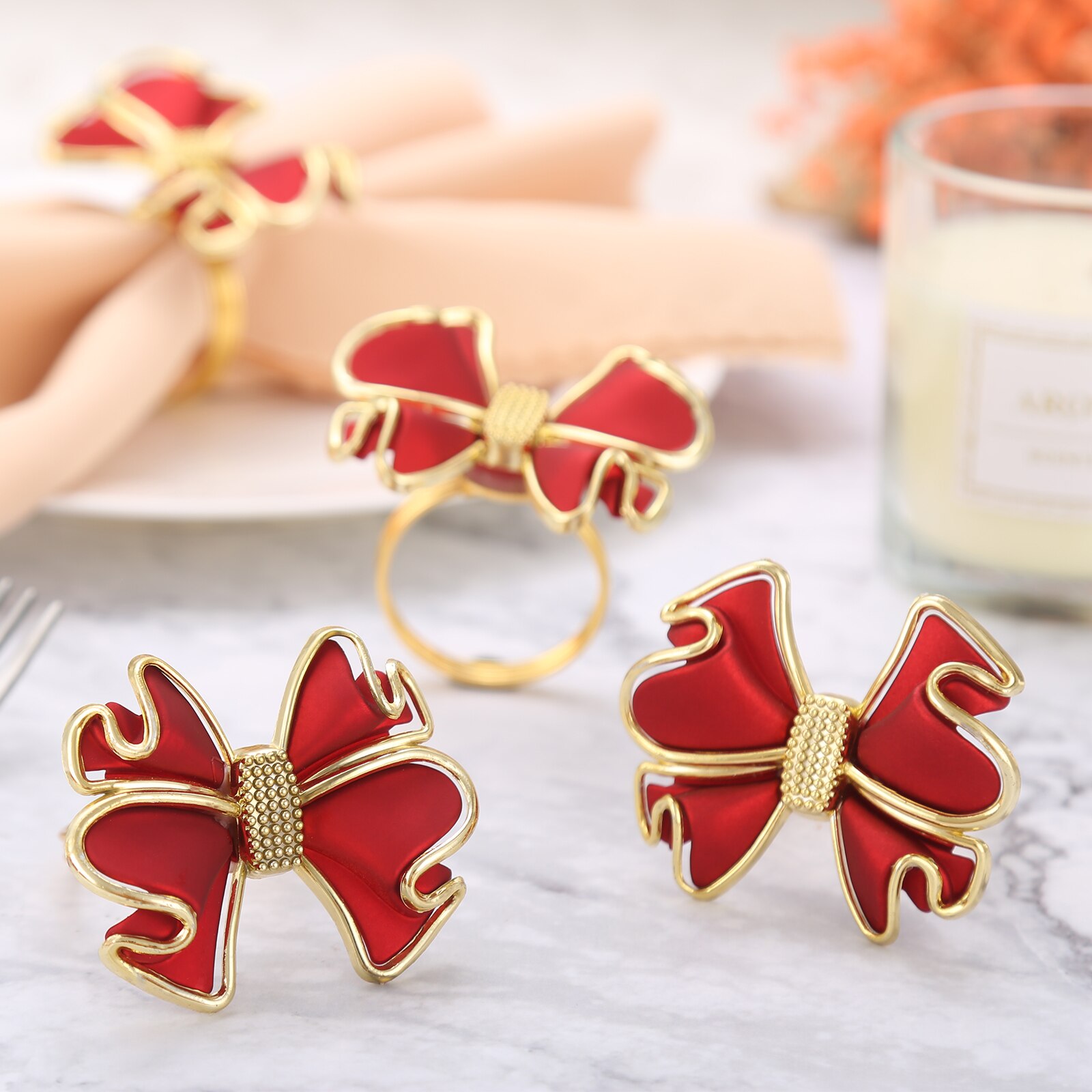 Servilletero con forma de lazo rojo de , anillo de acrílico con hebilla para boda, ceremonia, , decoración para el hogar, 6/12 piezas
