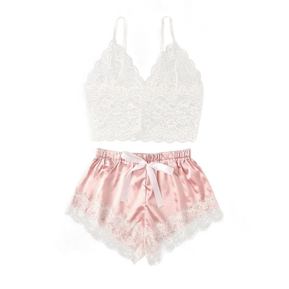 2pcs Womens Lace Pajama Set Sleeveless Crop Tops Elastic Bowknot Shorts Ladies Two Piece Set Solid Color Sleepwear Summer Pajama: Pink / XL