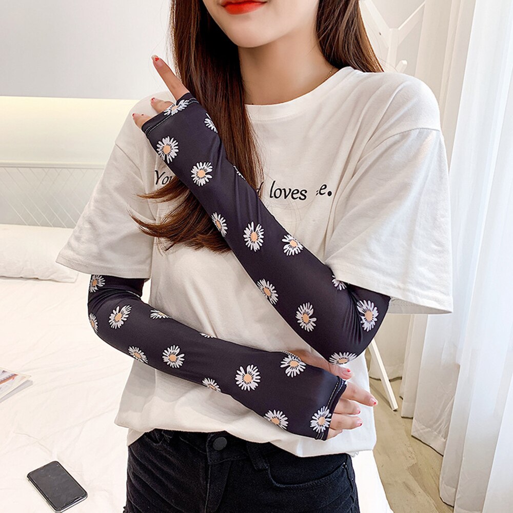 Dames arm mouwen ijs zijde koud fruit bloemen print zonnehandschoenen halve vinger auto armwarmers sport zonnebrandcrème mouw: P