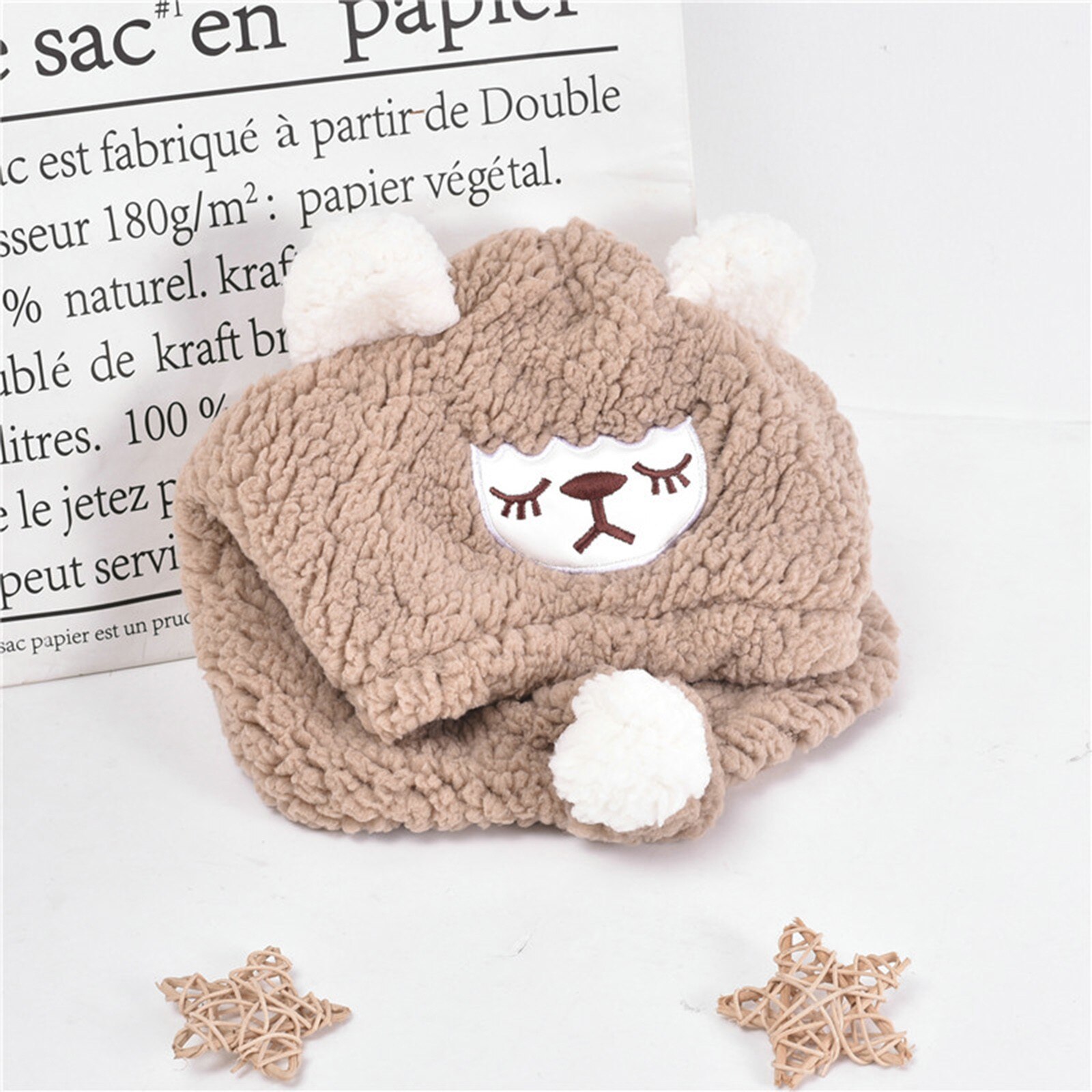 Peuter Meisje & Jongen Baby Beanie Haarbal Cap Verdikte Sjaal Warm Winddicht Oor Masker Gorro Cartoon Harige Beer Winter Haak hoed: Khaki 