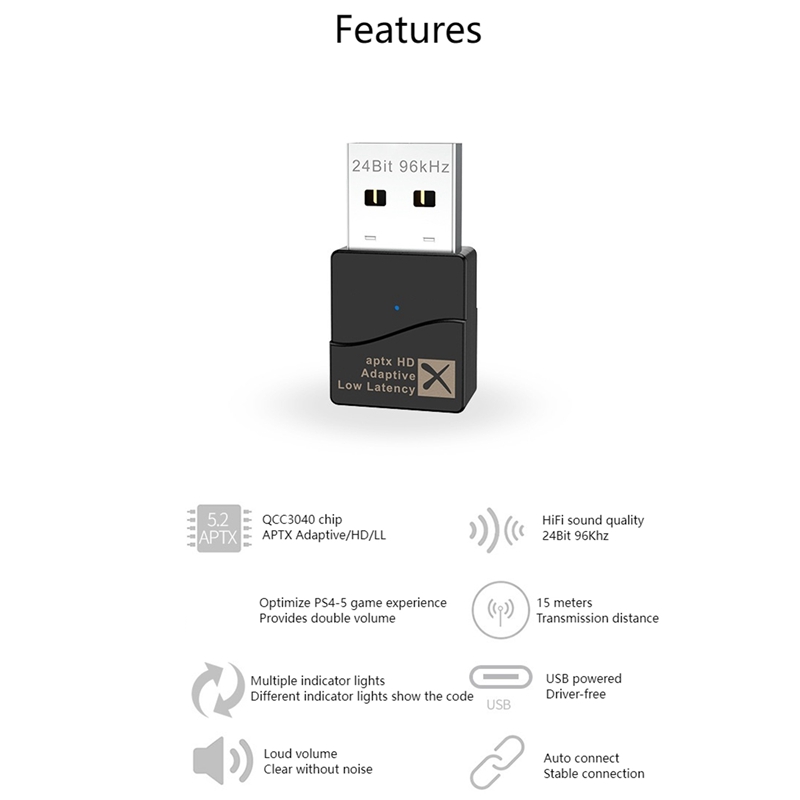 APTX Adptive Bluetooth Transmitter, USB Bluetooth 5.2 Audio Transmitter, Driver-Free, Can Switch APTX Code Freely