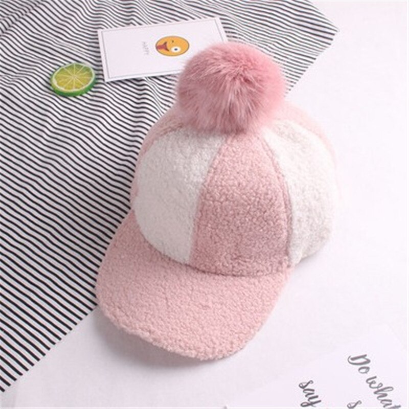 Baseball Cap Kinderen Snapback Hip Hop Hoed Pompom Winter Warm Cap Jongens Meisjes Gorras: Roze