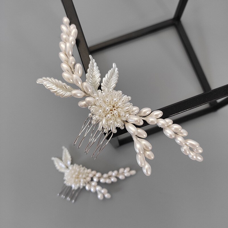 metal Leaves Pearl Mori crepe Hair combs women girls party Headwear bride headpiece: Rhodium Plated