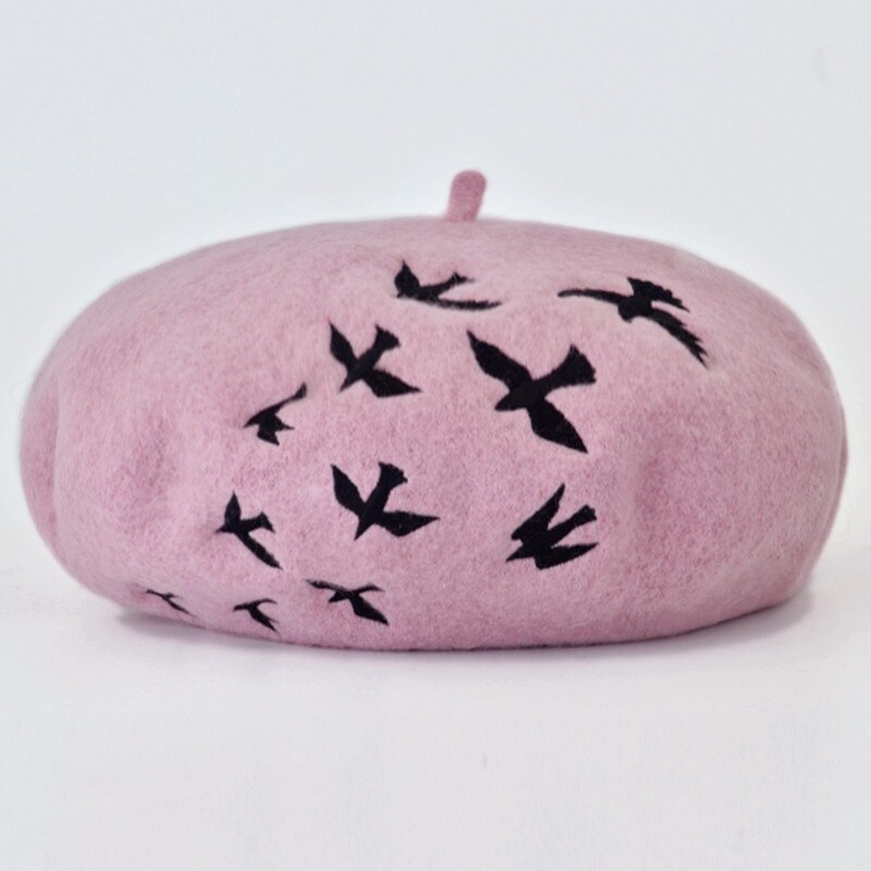 Boinas de lana de fieltro para mujer, Boina de artista bordada, gorro plano, sombreros de azafata para mujer: Rosa